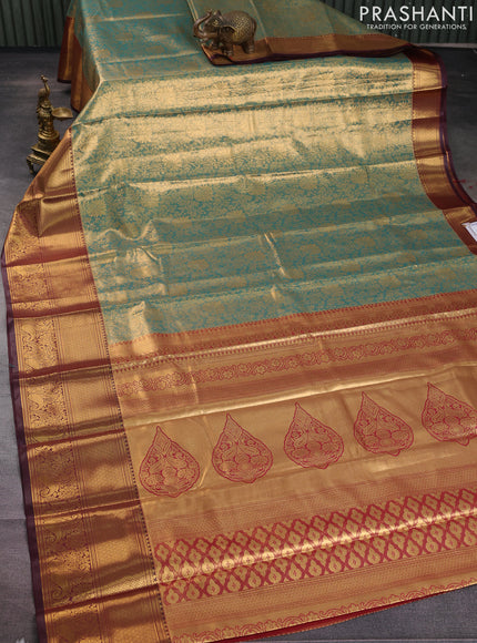 Bangalori tissue silk saree teal green and deep maroon with allover zari woven brocade weaves and long zari woven border