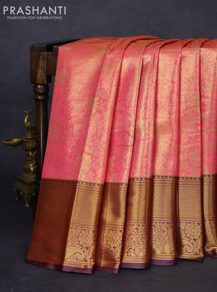 Bangalori tissue silk saree peach pink and deep maroon with allover zari woven brocade weaves and long zari woven border