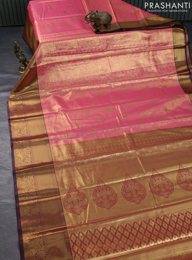 Bangalori tissue silk saree peach pink and deep maroon with allover zari woven brocade weaves and long zari woven border