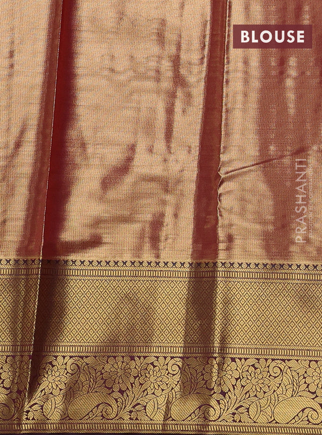 Bangalori tissue silk saree peach pink and deep maroon with allover zari woven brocade weaves and long zari woven border
