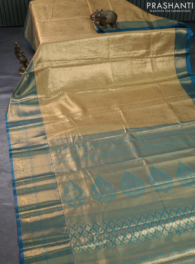 Bangalori tissue silk saree gold and peacock blue with allover zari woven brocade weaves and long zari woven border