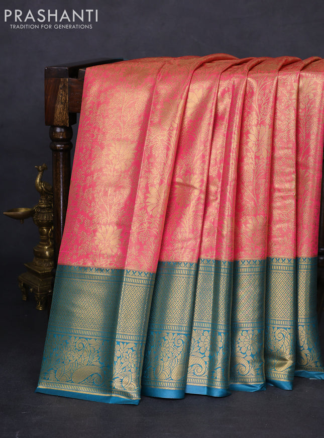 Bangalori tissue silk saree candy pink and peacock blue with allover zari woven brocade weaves and long zari woven border