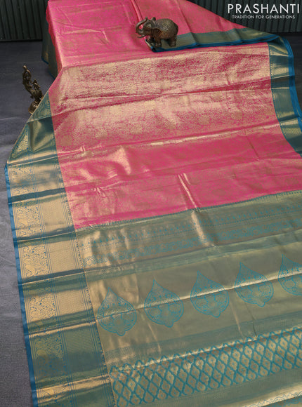 Bangalori tissue silk saree candy pink and peacock blue with allover zari woven brocade weaves and long zari woven border
