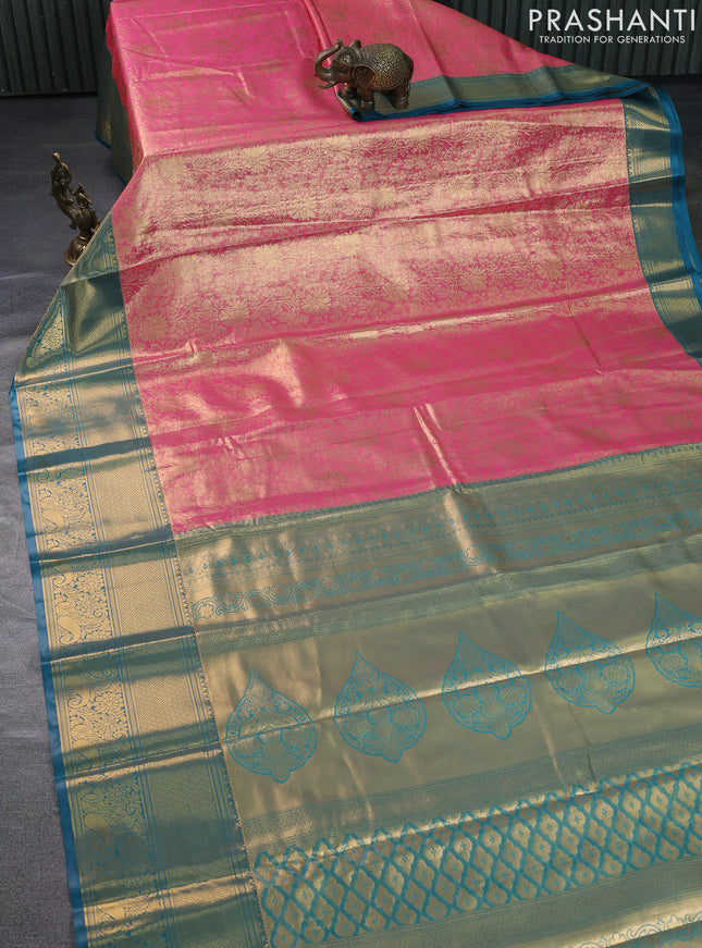 Bangalori tissue silk saree candy pink and peacock blue with allover zari woven brocade weaves and long zari woven border