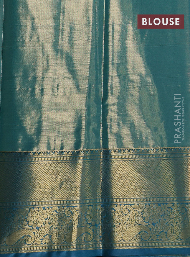 Bangalori tissue silk saree candy pink and peacock blue with allover zari woven brocade weaves and long zari woven border