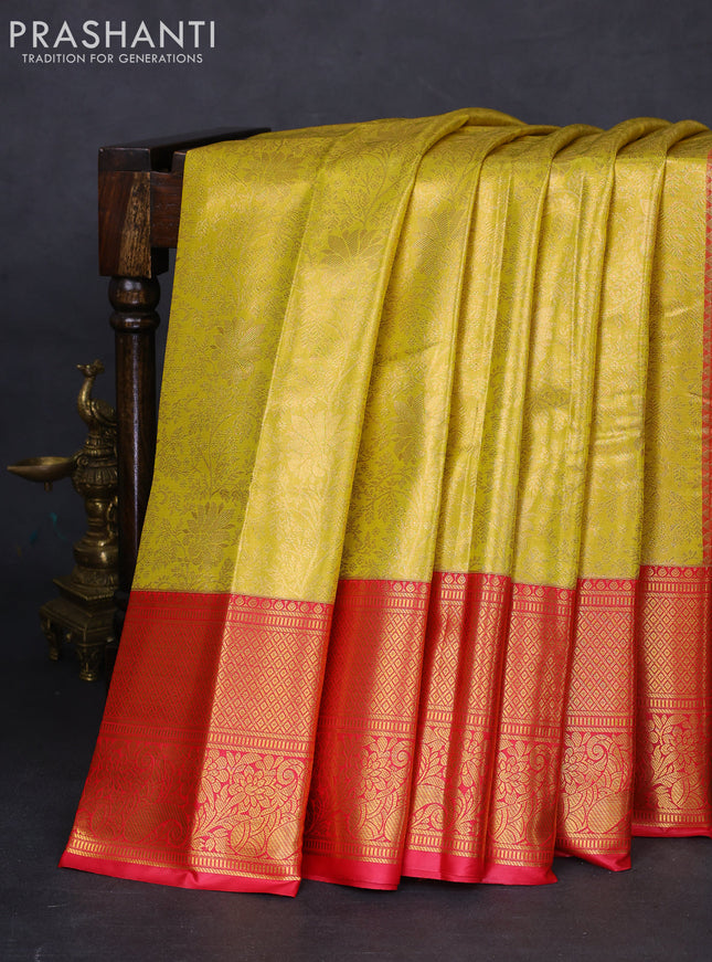 Bangalori tissue silk saree yellow and pink with allover zari woven brocade weaves and long zari woven border
