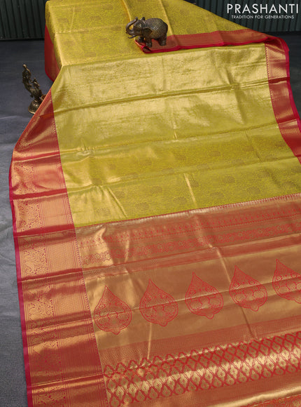 Bangalori tissue silk saree yellow and pink with allover zari woven brocade weaves and long zari woven border