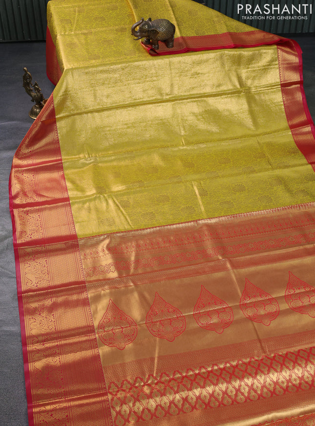 Bangalori tissue silk saree yellow and pink with allover zari woven brocade weaves and long zari woven border