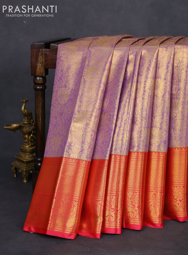 Bangalori tissue silk saree lavender and pink with allover zari woven brocade weaves and long zari woven border