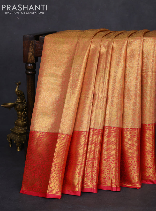 Bangalori tissue silk saree peach shade and pink with allover zari woven brocade weaves and long zari woven border