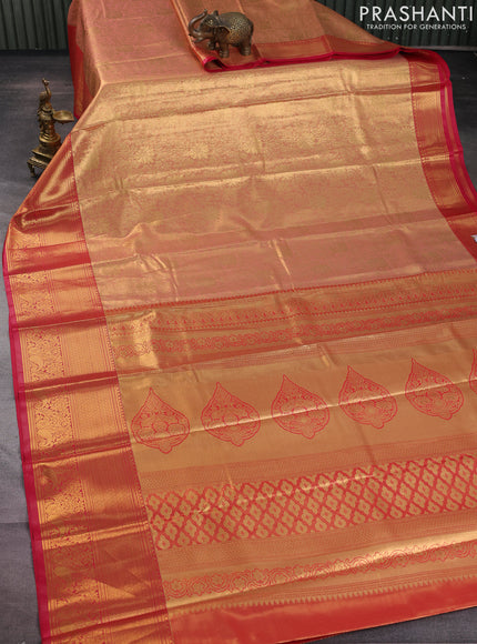 Bangalori tissue silk saree peach shade and pink with allover zari woven brocade weaves and long zari woven border