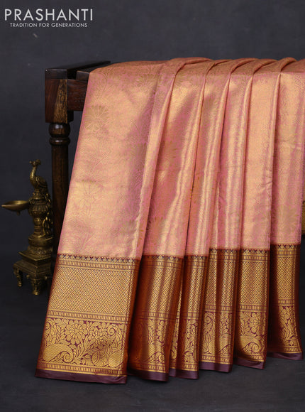 Bangalori tissue silk saree pastel pink and deep maroon with allover zari woven brocade weaves and long zari woven border