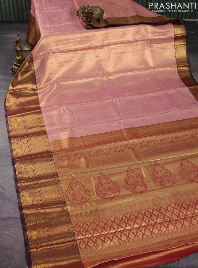 Bangalori tissue silk saree pastel pink and deep maroon with allover zari woven brocade weaves and long zari woven border