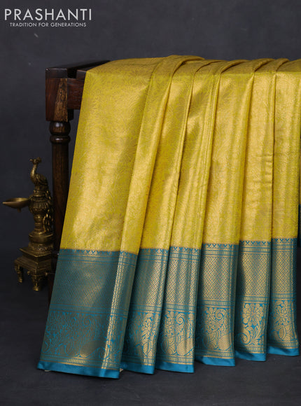 Bangalori tissue silk saree lime yellow and peacock blue with allover zari woven brocade weaves and long zari woven border