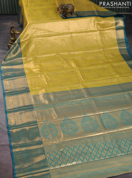 Bangalori tissue silk saree lime yellow and peacock blue with allover zari woven brocade weaves and long zari woven border