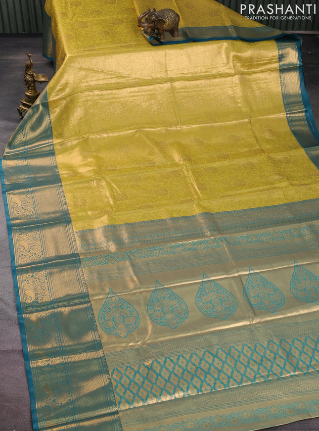 Bangalori tissue silk saree lime yellow and peacock blue with allover zari woven brocade weaves and long zari woven border