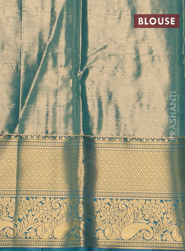 Bangalori tissue silk saree lime yellow and peacock blue with allover zari woven brocade weaves and long zari woven border