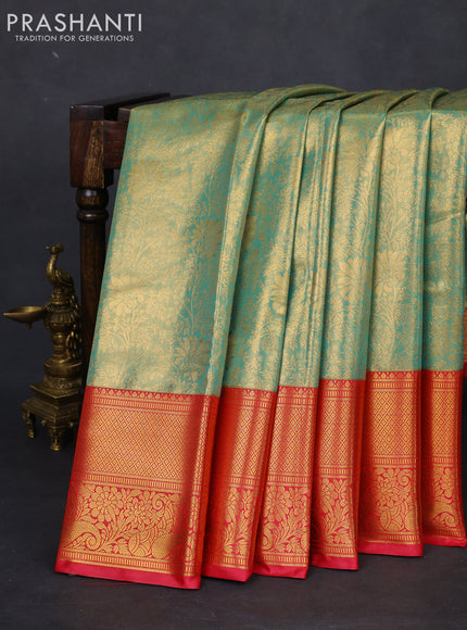 Bangalori tissue silk saree teal green shade and reddish pink with allover zari woven brocade weaves and long zari woven border
