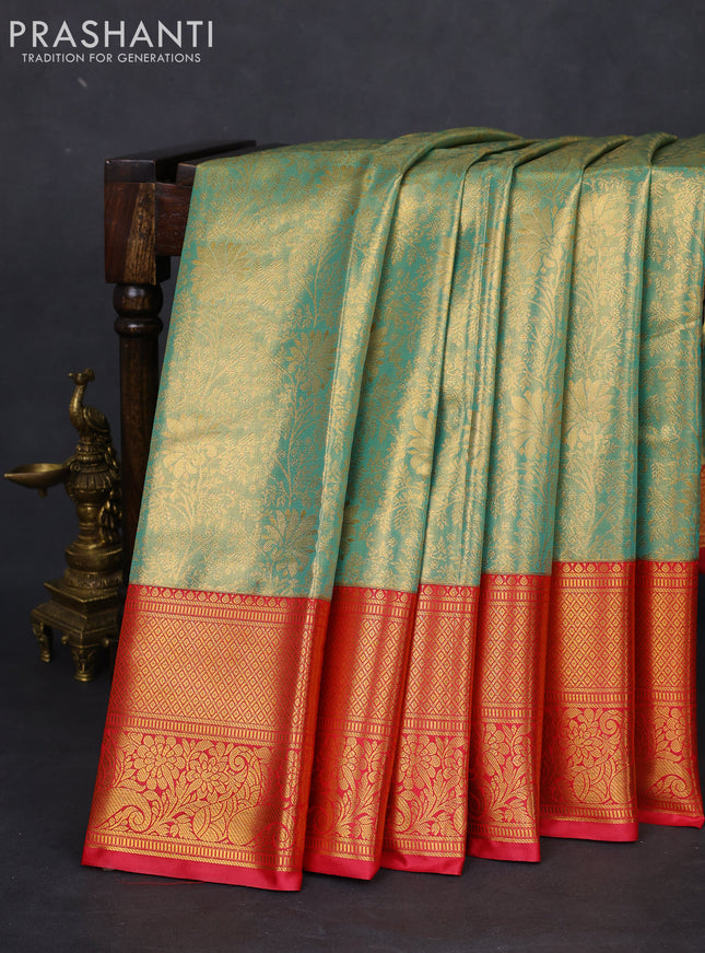 Bangalori tissue silk saree teal green shade and reddish pink with allover zari woven brocade weaves and long zari woven border