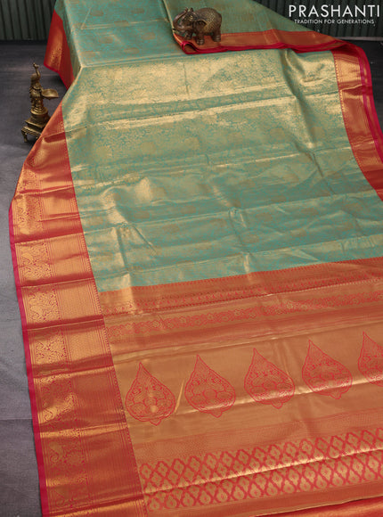 Bangalori tissue silk saree teal green shade and reddish pink with allover zari woven brocade weaves and long zari woven border