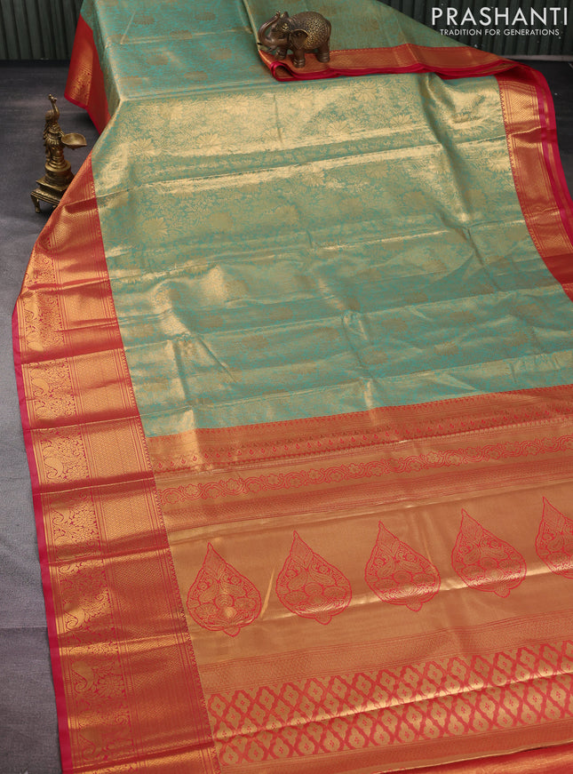 Bangalori tissue silk saree teal green shade and reddish pink with allover zari woven brocade weaves and long zari woven border