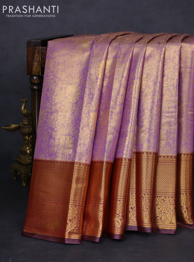 Bangalori tissue silk saree lavender and deep maroon with allover zari woven brocade weaves and long zari woven border