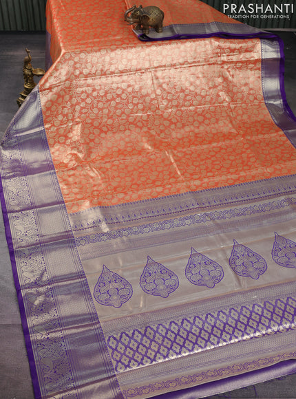 Bangalori tissue silk saree orange and violet with allover zari woven brocade weaves and long zari woven border