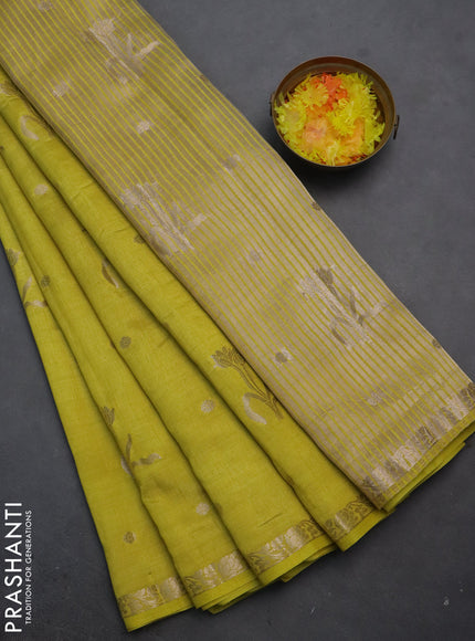 Semi raw silk saree lime yellow with zari woven floral buttas and small zari woven border