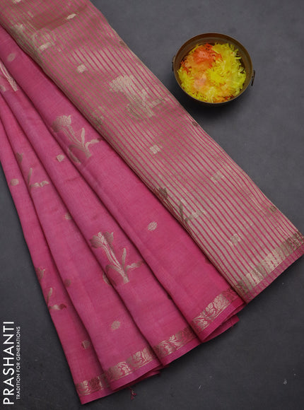 Semi raw silk saree light pink with zari woven floral buttas and small zari woven border
