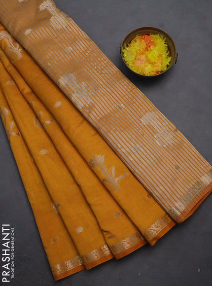 Semi raw silk saree dark mustard with zari woven floral buttas and small zari woven border