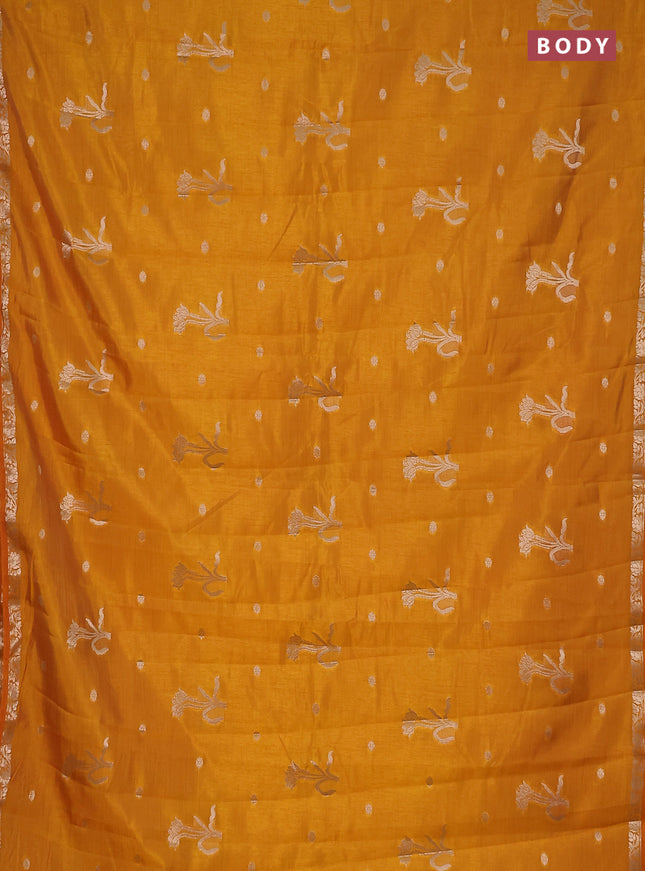 Semi raw silk saree dark mustard with zari woven floral buttas and small zari woven border