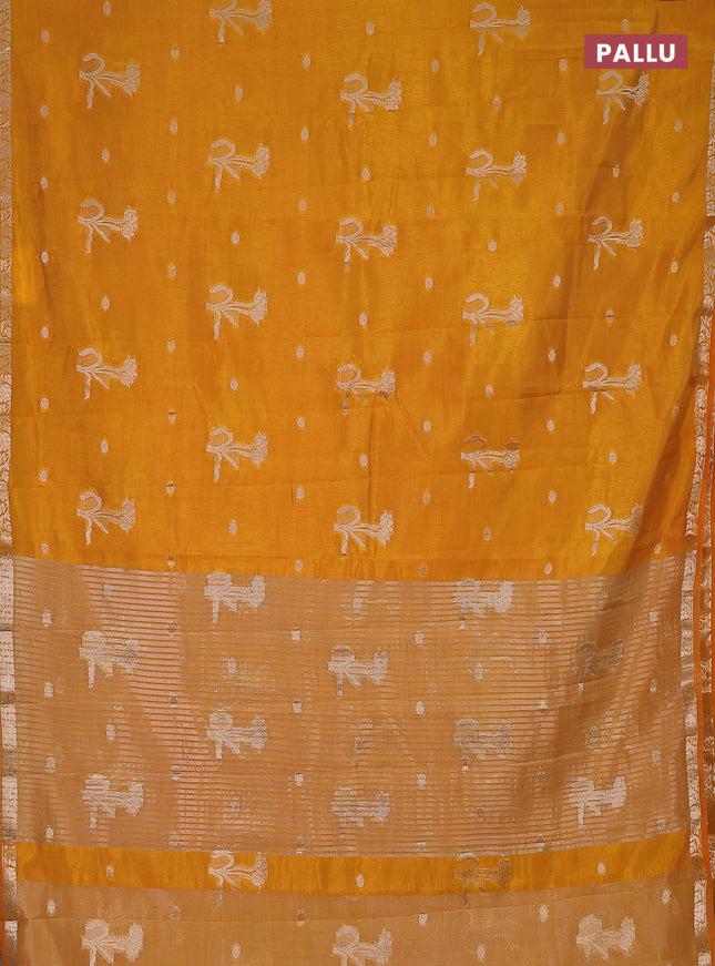 Semi raw silk saree dark mustard with zari woven floral buttas and small zari woven border