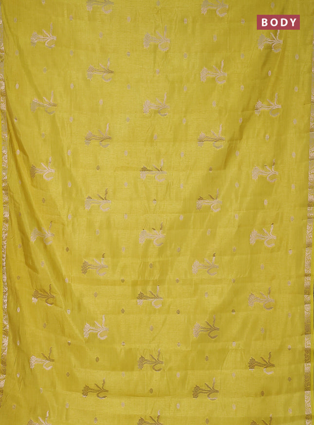 Semi raw silk saree lime yellow with zari woven floral buttas and small zari woven border