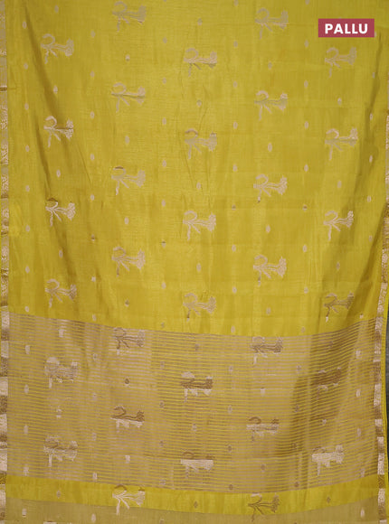Semi raw silk saree lime yellow with zari woven floral buttas and small zari woven border