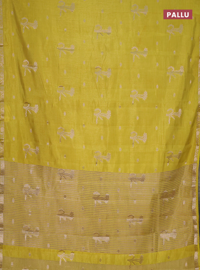 Semi raw silk saree lime yellow with zari woven floral buttas and small zari woven border