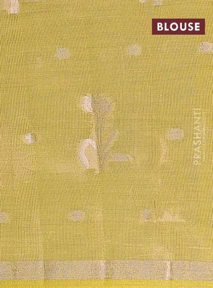 Semi raw silk saree lime yellow with zari woven floral buttas and small zari woven border