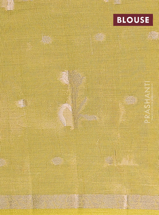Semi raw silk saree lime yellow with zari woven floral buttas and small zari woven border