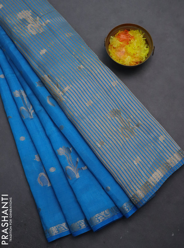Semi raw silk saree cs blue with zari woven floral buttas and small zari woven border