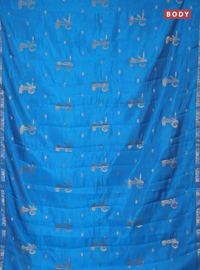 Semi raw silk saree cs blue with zari woven floral buttas and small zari woven border