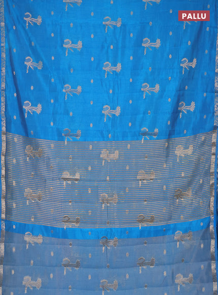 Semi raw silk saree cs blue with zari woven floral buttas and small zari woven border