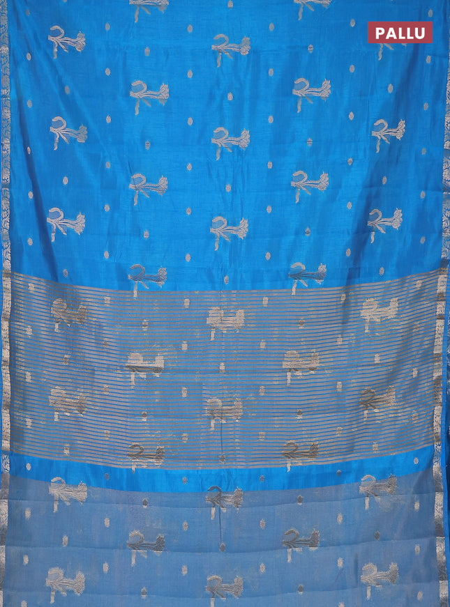 Semi raw silk saree cs blue with zari woven floral buttas and small zari woven border