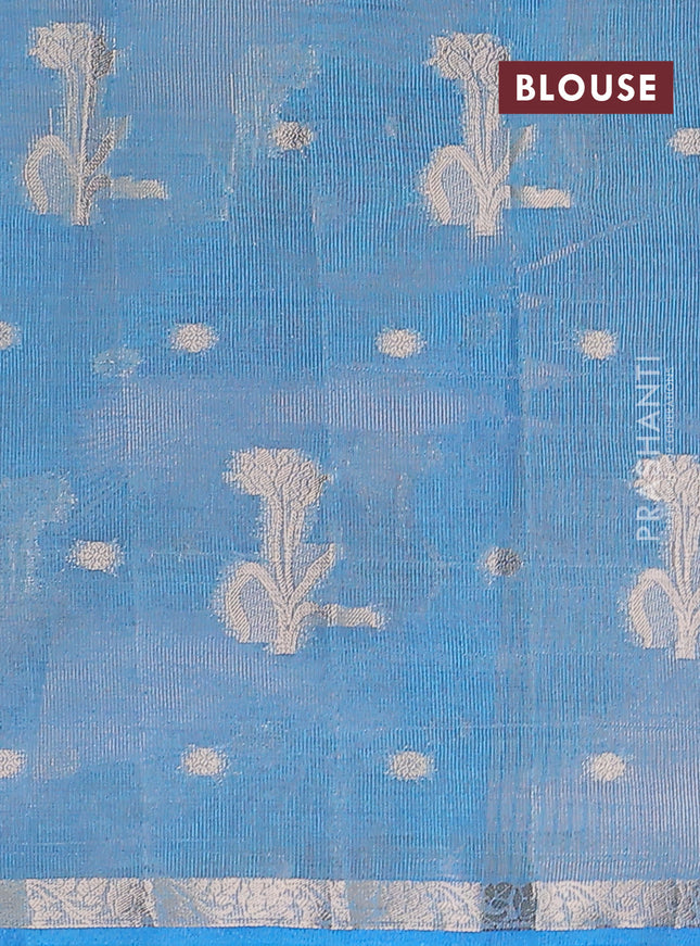 Semi raw silk saree cs blue with zari woven floral buttas and small zari woven border