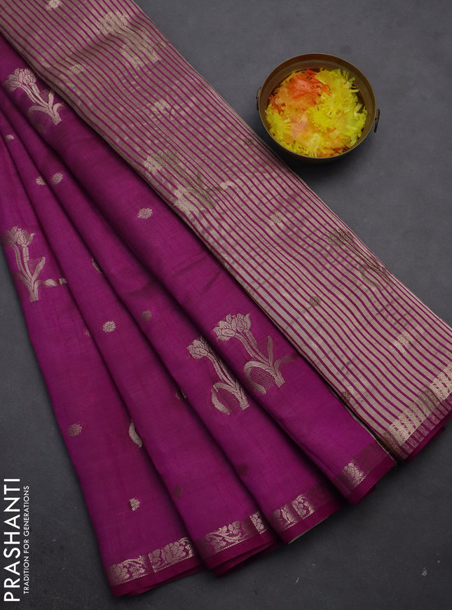 Semi raw silk saree purple with zari woven floral buttas and small zari woven border