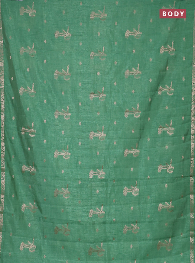Semi raw silk saree teal green shade with zari woven floral buttas and small zari woven border
