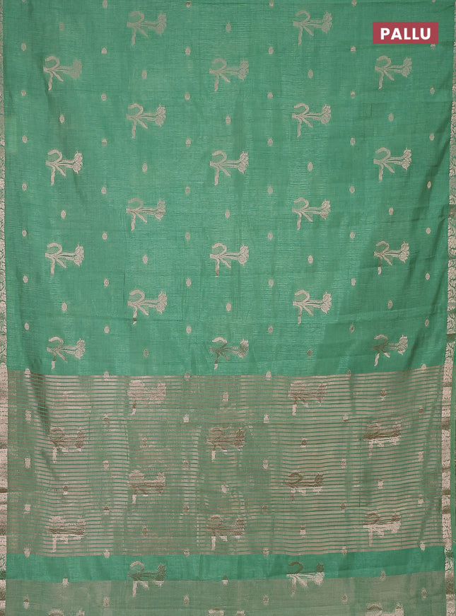 Semi raw silk saree teal green shade with zari woven floral buttas and small zari woven border