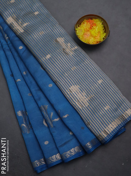 Semi raw silk saree cs blue with zari woven floral buttas and small zari woven border
