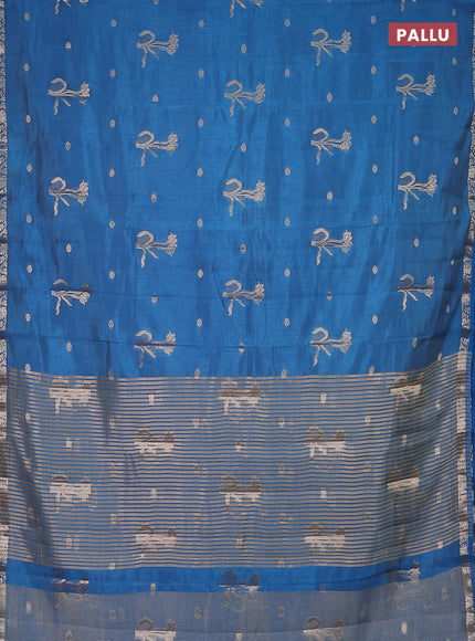 Semi raw silk saree cs blue with zari woven floral buttas and small zari woven border
