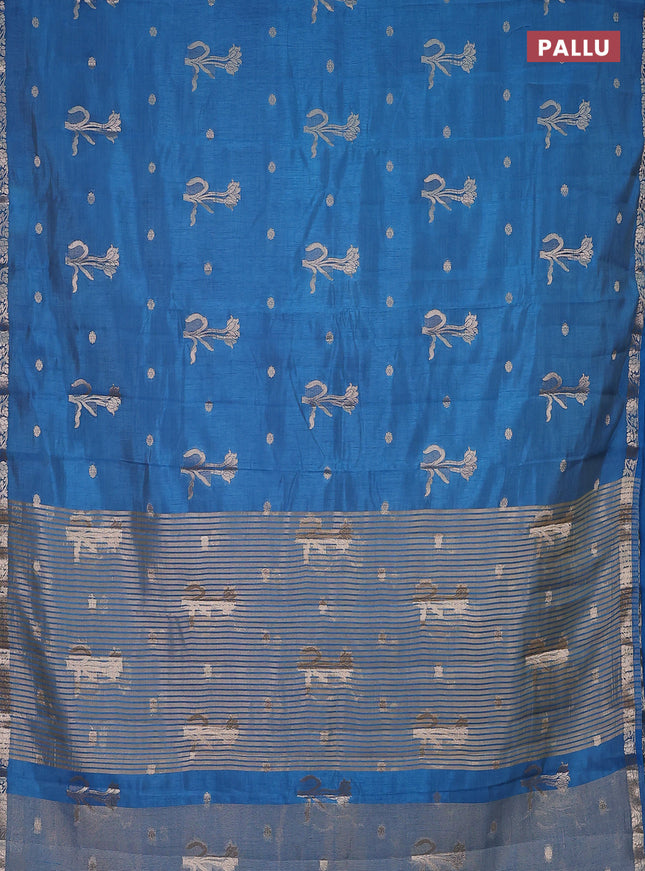 Semi raw silk saree cs blue with zari woven floral buttas and small zari woven border