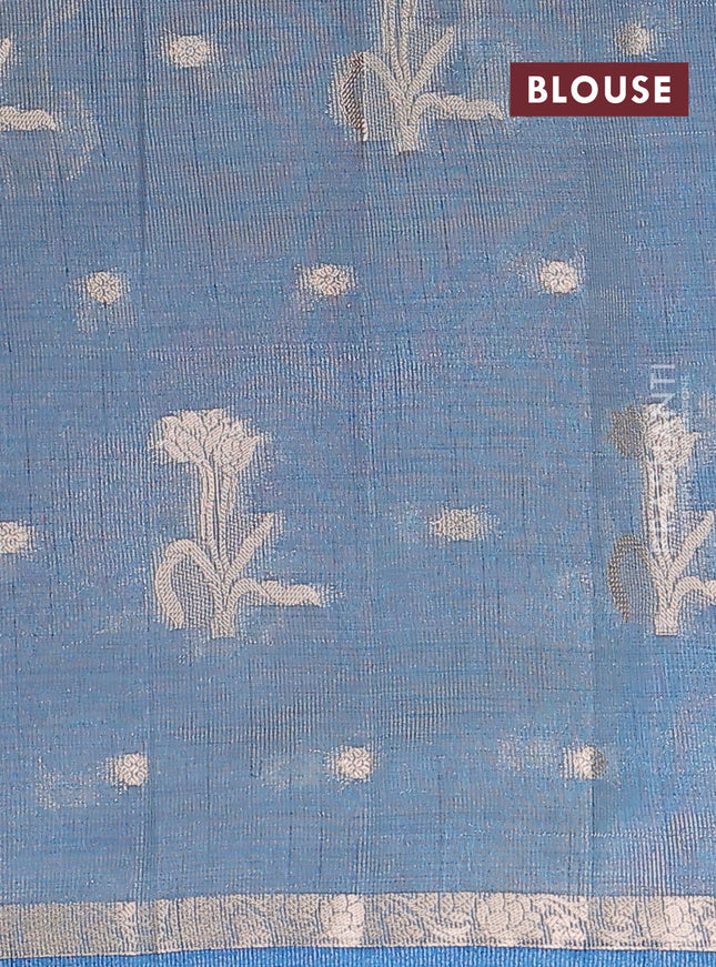 Semi raw silk saree cs blue with zari woven floral buttas and small zari woven border