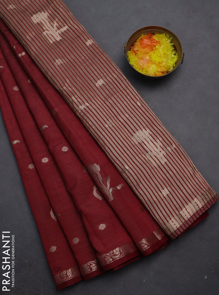Semi raw silk saree maroon with zari woven floral buttas and small zari woven border